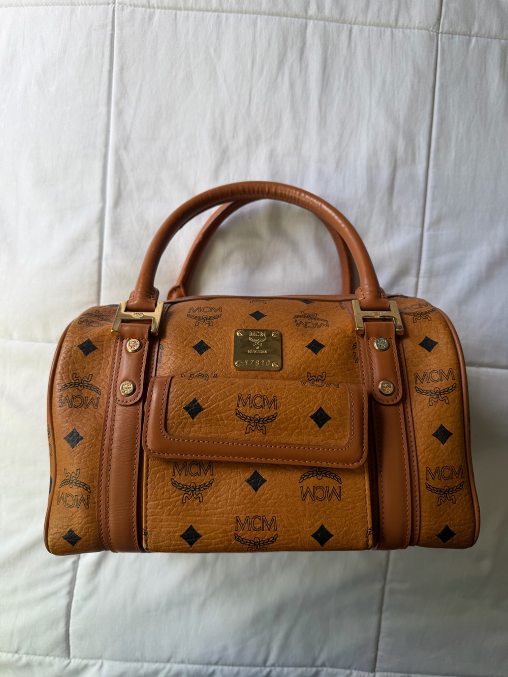 MCM Cognac Visetos Logo Dome Satchel with Gold Hardware Bag